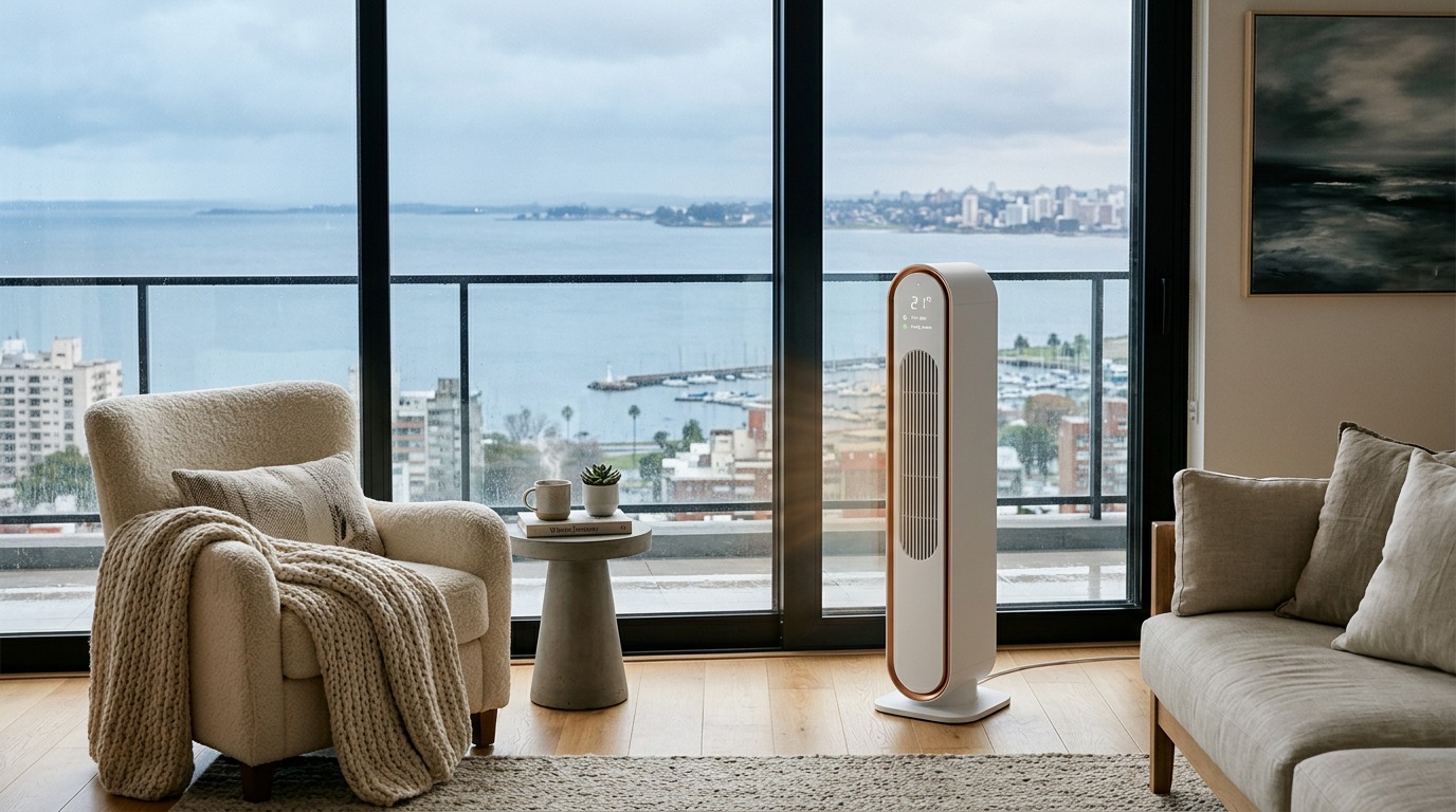 Convector cerámico silencioso Faldrop en living contemporáneo de Montevideo